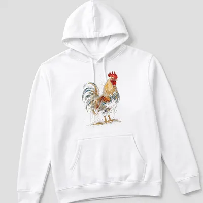 Vintage rooster graphic in gold, red, blue, and brown on a distressed background. — printed on a unisex hoodie