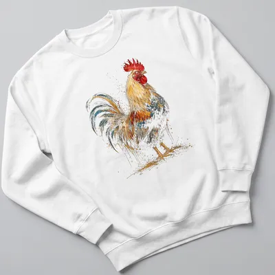 Vintage rooster graphic in gold, red, blue, and brown on a distressed background. — printed on a unisex sweatshirt