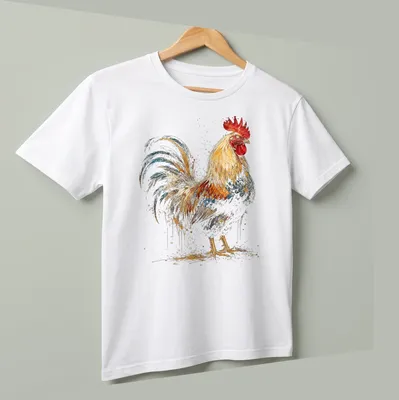 Vintage rooster graphic in gold, red, blue, and brown on a distressed background. — printed on a unisex t-shirt (angled view)