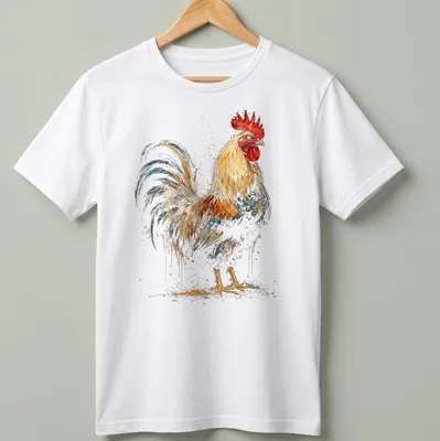 Vintage rooster graphic in gold, red, blue, and brown on a distressed background.