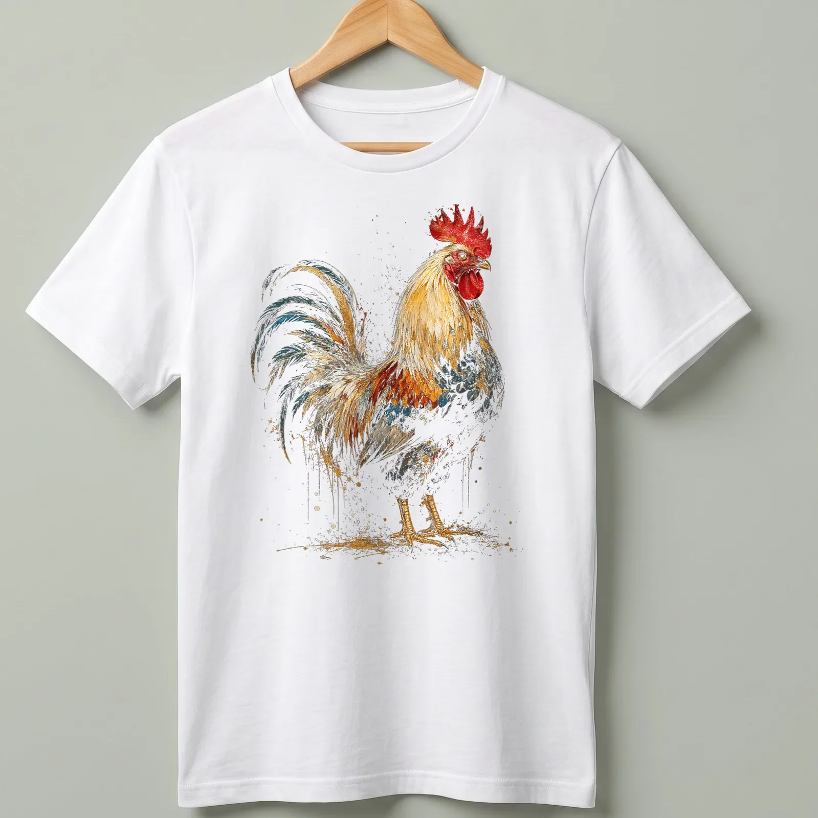 Vintage rooster graphic in gold, red, blue, and brown on a distressed background. — printed on a unisex t-shirt