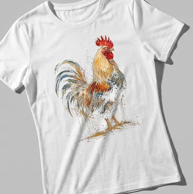 Vintage rooster graphic in gold, red, blue, and brown on a distressed background. — printed on a women's shirt