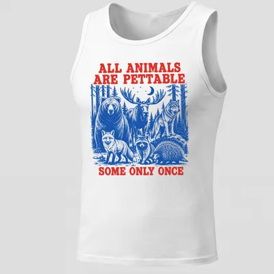 Vintage T-shirt featuring wildlife illustrations and humorous text about animals. — printed on a tank top