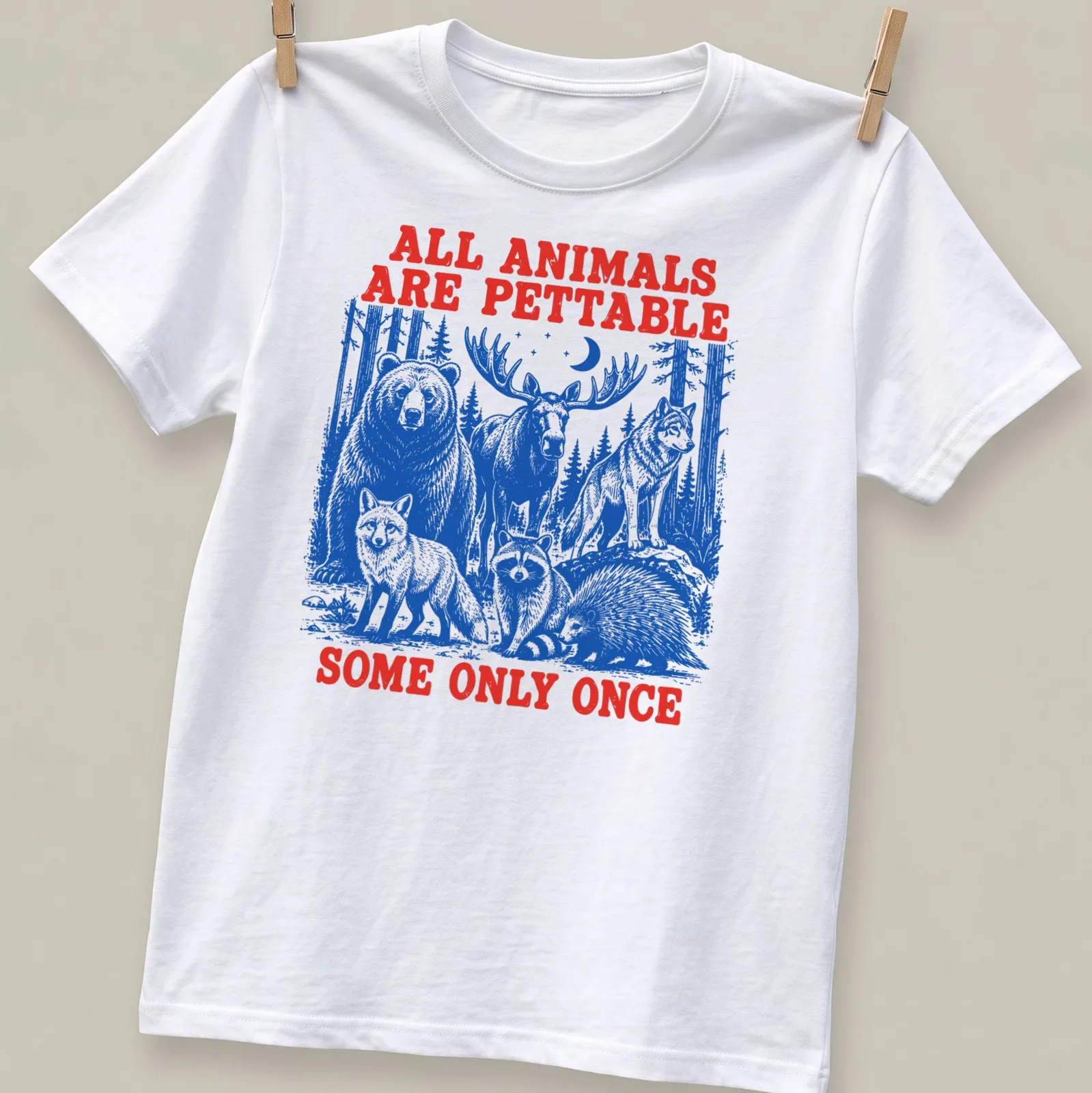 Vintage T-shirt featuring wildlife illustrations and humorous text about animals. — printed on a unisex t-shirt
