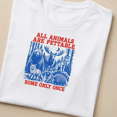 Vintage T-shirt featuring wildlife illustrations and humorous text about animals. — printed on a women's shirt