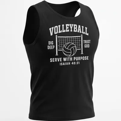 Inspirational volleyball-themed shirt with text and graphic in black and white. — printed on a tank top