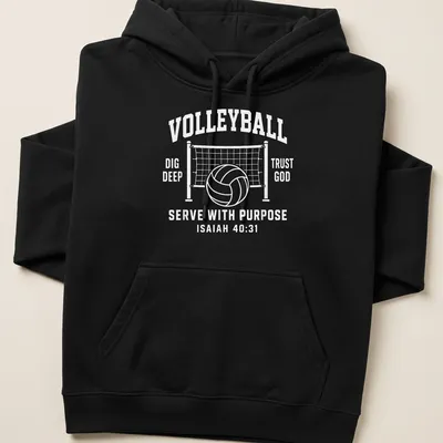 Inspirational volleyball-themed shirt with text and graphic in black and white. — printed on a unisex hoodie