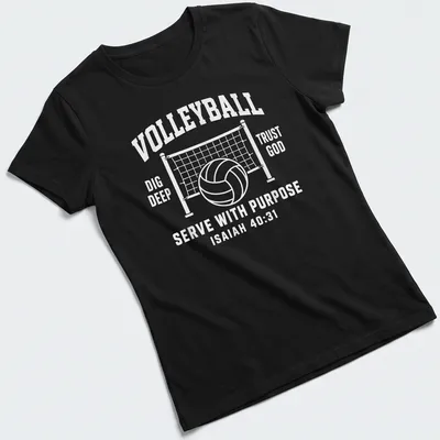 Inspirational volleyball-themed shirt with text and graphic in black and white. — printed on a women's shirt