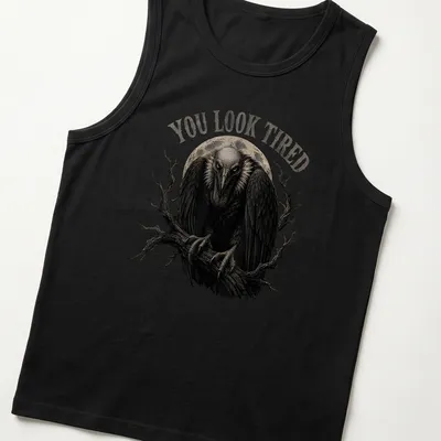 Retro vulture illustration with the text 'YOU LOOK TIRED' in black, gray, and white. — printed on a tank top