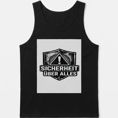Grunge-style t-shirt featuring a bold warning shield and the text Sicherheti Über Alles — printed on a tank top