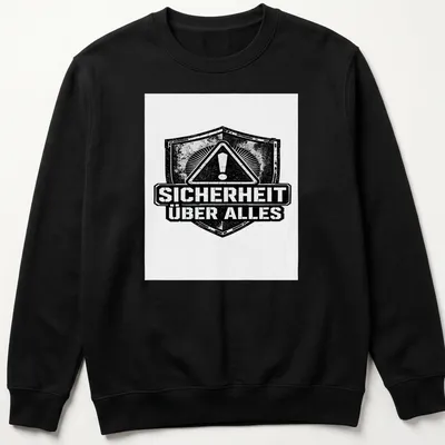 Grunge-style t-shirt featuring a bold warning shield and the text Sicherheti Über Alles — printed on a unisex sweatshirt