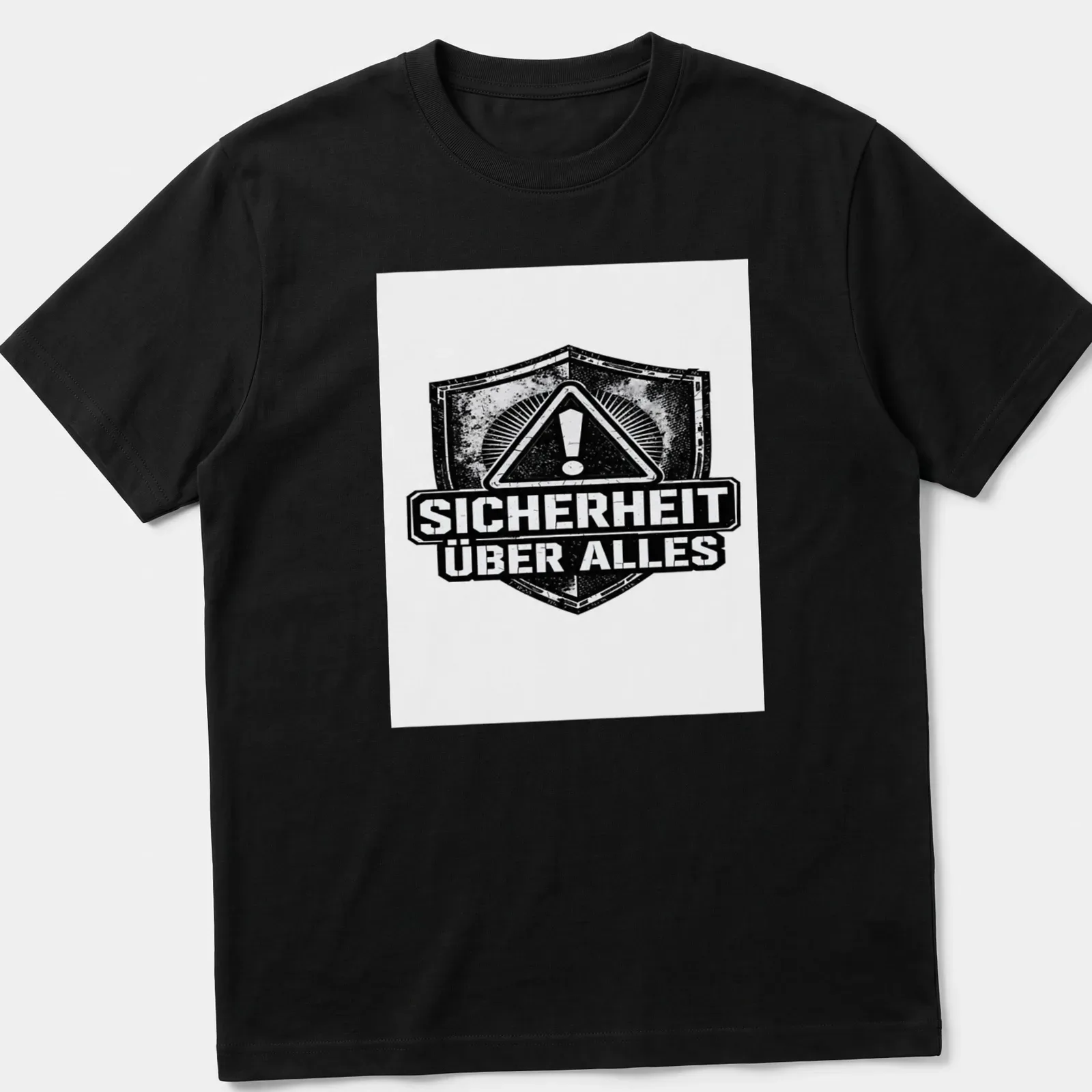 Grunge-style t-shirt featuring a bold warning shield and the text Sicherheti Über Alles — printed on a unisex t-shirt