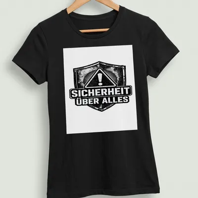 Grunge-style t-shirt featuring a bold warning shield and the text Sicherheti Über Alles — printed on a women's shirt