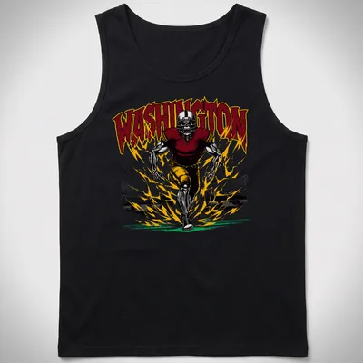 Vintage comic style t-shirt with football player and WASHINGTON text in maroon and yellow. — printed on a tank top