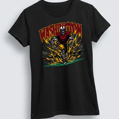 Vintage comic style t-shirt with football player and WASHINGTON text in maroon and yellow. — printed on a women's shirt