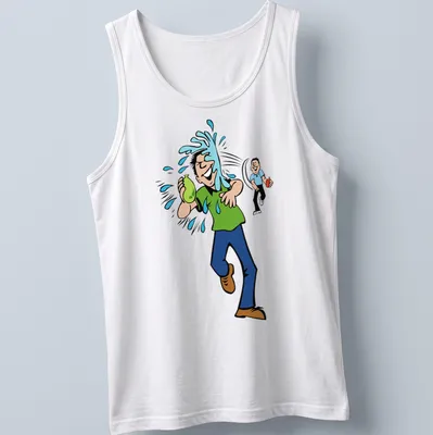 Cartoon design of a playful water balloon fight in green, blue, and brown — printed on a tank top
