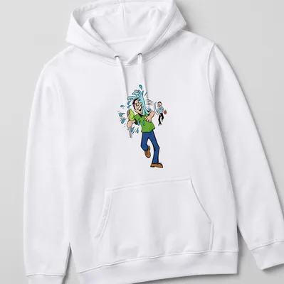 Cartoon design of a playful water balloon fight in green, blue, and brown — printed on a unisex hoodie