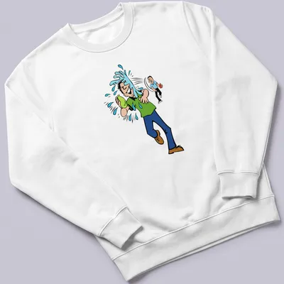 Cartoon design of a playful water balloon fight in green, blue, and brown — printed on a unisex sweatshirt