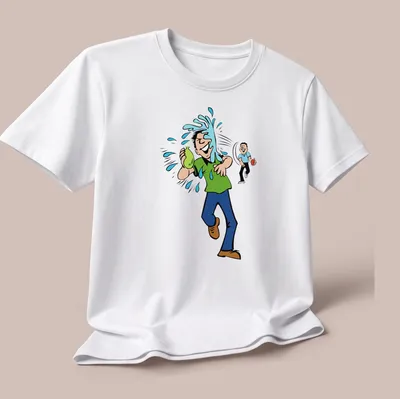 Cartoon design of a playful water balloon fight in green, blue, and brown — printed on a unisex t-shirt (angled view)