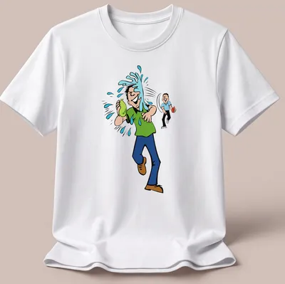 Cartoon design of a playful water balloon fight in green, blue, and brown