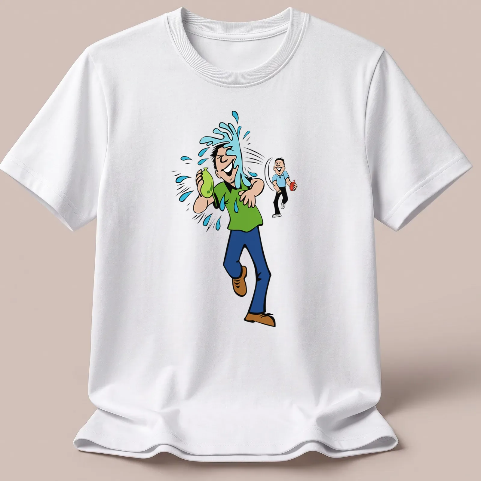 Cartoon design of a playful water balloon fight in green, blue, and brown — printed on a unisex t-shirt