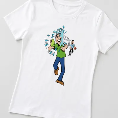 Cartoon design of a playful water balloon fight in green, blue, and brown — printed on a women's shirt