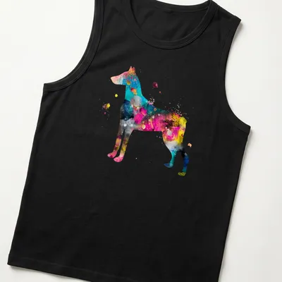 Watercolor Doberman silhouette in blue, pink, yellow, black, and purple shades. — printed on a tank top