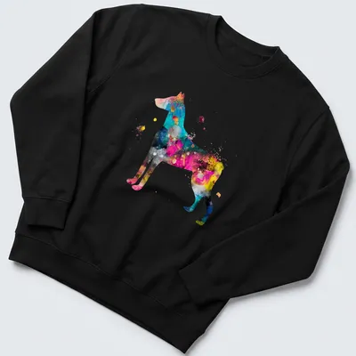 Watercolor Doberman silhouette in blue, pink, yellow, black, and purple shades. — printed on a unisex sweatshirt