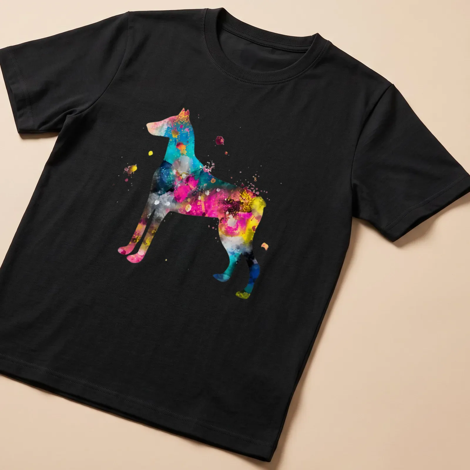 Watercolor Doberman silhouette in blue, pink, yellow, black, and purple shades. — printed on a unisex t-shirt