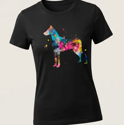 Watercolor Doberman silhouette in blue, pink, yellow, black, and purple shades. — printed on a women's shirt
