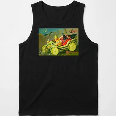 Vintage style t-shirt featuring a watermelon car with Halloween text — printed on a tank top
