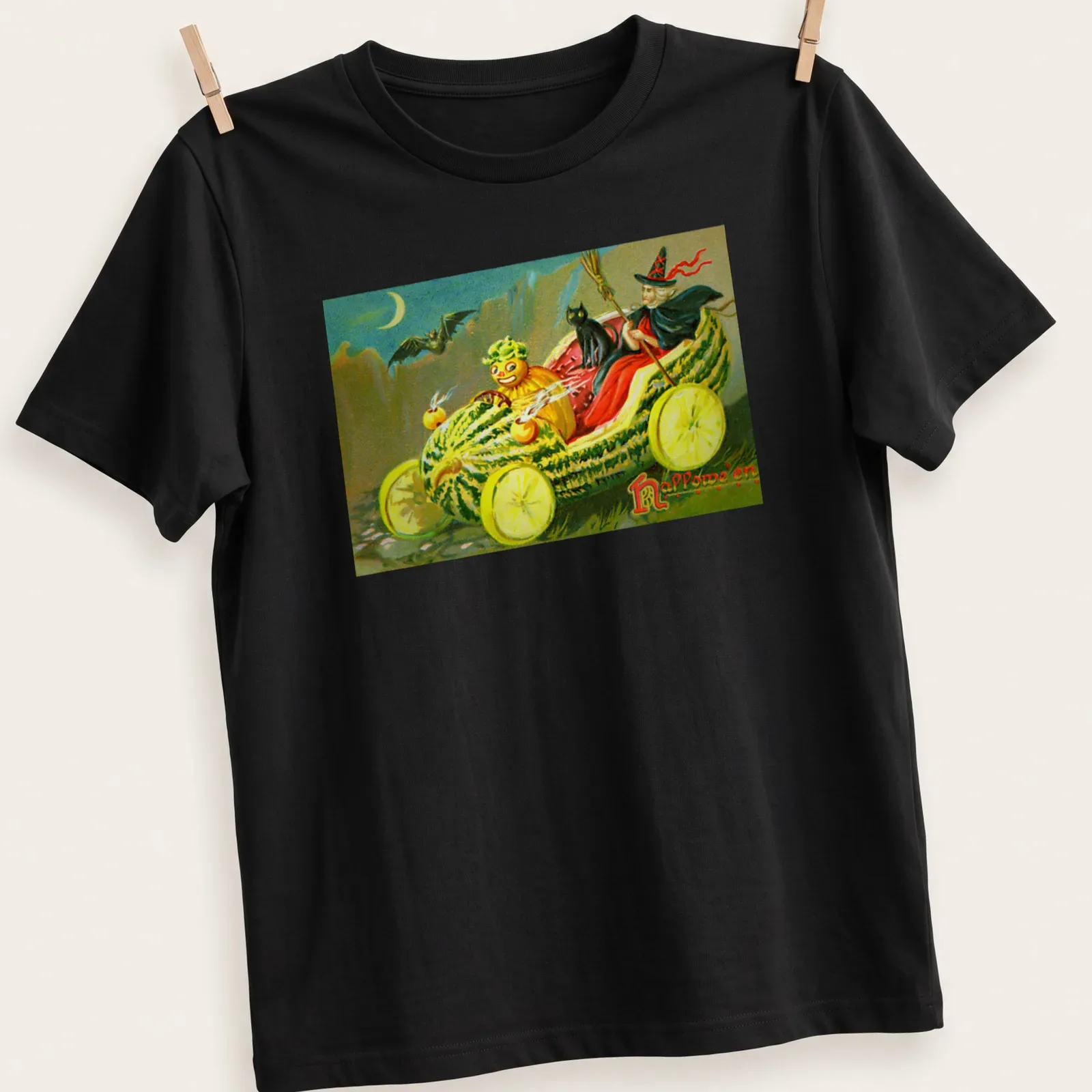 Vintage style t-shirt featuring a watermelon car with Halloween text — printed on a unisex t-shirt