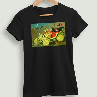 Vintage style t-shirt featuring a watermelon car with Halloween text — printed on a women's shirt