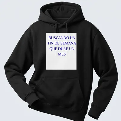 Bold typography on a blue shirt with the phrase about endless weekends. — printed on a unisex hoodie