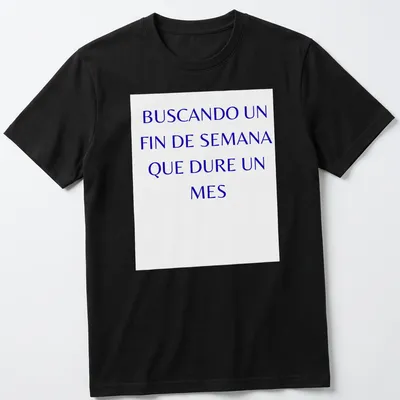 Bold typography on a blue shirt with the phrase about endless weekends.