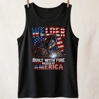 Vintage distressed Welder t-shirt with patriotic colors and bold text — printed on a tank top