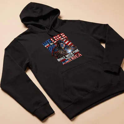 Vintage distressed Welder t-shirt with patriotic colors and bold text — printed on a unisex hoodie