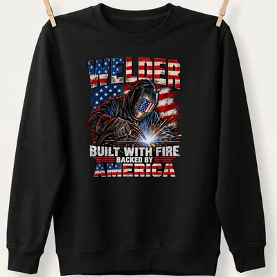 Vintage distressed Welder t-shirt with patriotic colors and bold text — printed on a unisex sweatshirt