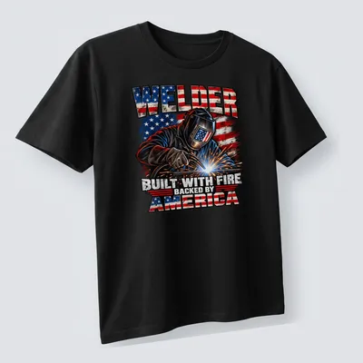 Vintage distressed Welder t-shirt with patriotic colors and bold text — printed on a unisex t-shirt (angled view)