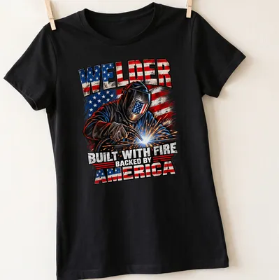 Vintage distressed Welder t-shirt with patriotic colors and bold text — printed on a women's shirt