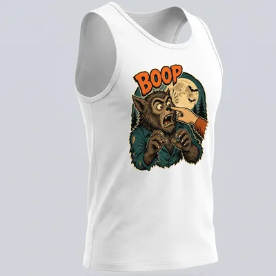 Retro humor t-shirt with a cartoon werewolf extending a hand and the word BOOP in bold text. — printed on a tank top