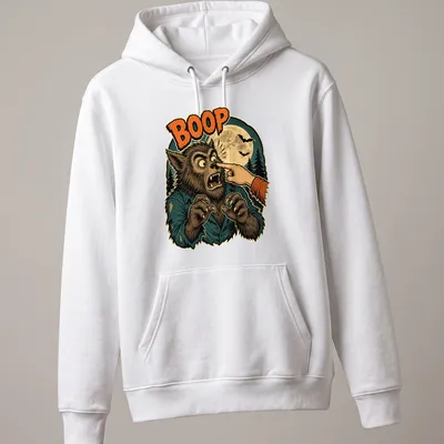 Retro humor t-shirt with a cartoon werewolf extending a hand and the word BOOP in bold text. — printed on a unisex hoodie
