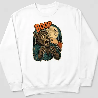 Retro humor t-shirt with a cartoon werewolf extending a hand and the word BOOP in bold text. — printed on a unisex sweatshirt