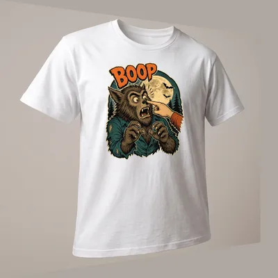 Retro humor t-shirt with a cartoon werewolf extending a hand and the word BOOP in bold text. — printed on a unisex t-shirt (angled view)