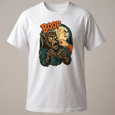 Retro humor t-shirt with a cartoon werewolf extending a hand and the word BOOP in bold text.