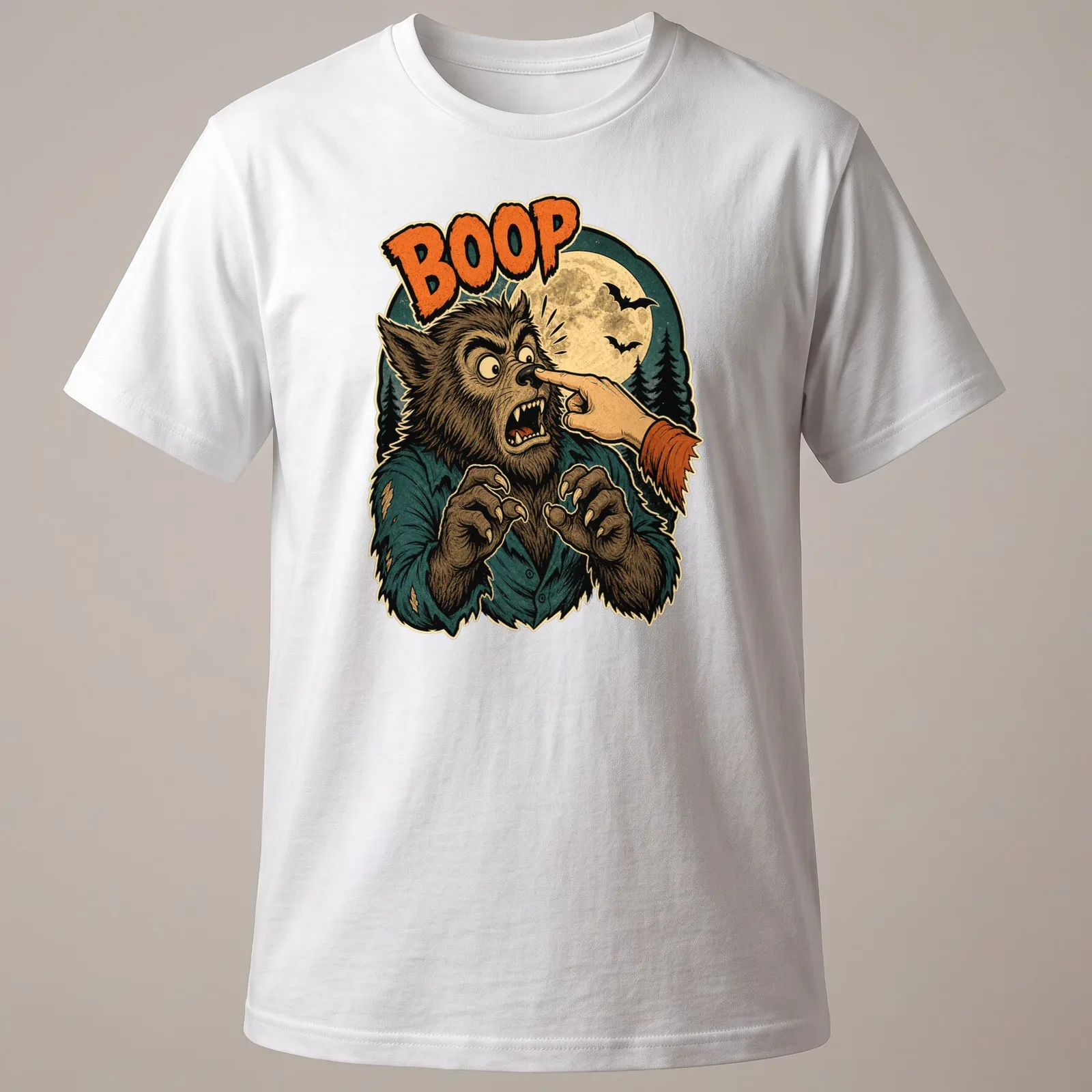 Retro humor t-shirt with a cartoon werewolf extending a hand and the word BOOP in bold text. — printed on a unisex t-shirt