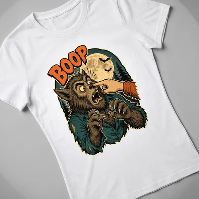 Retro humor t-shirt with a cartoon werewolf extending a hand and the word BOOP in bold text. — printed on a women's shirt