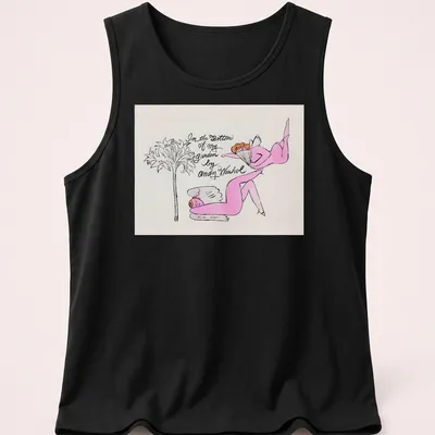 Line-art t-shirt depicting a whimsical garden scene by Andy Warhol in pink, black, and green. — printed on a tank top