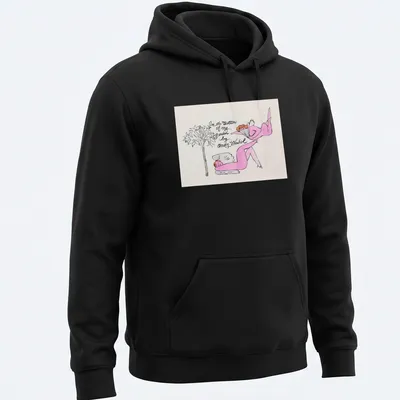 Line-art t-shirt depicting a whimsical garden scene by Andy Warhol in pink, black, and green. — printed on a unisex hoodie