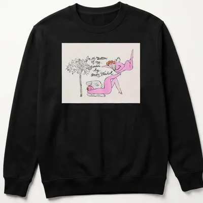 Line-art t-shirt depicting a whimsical garden scene by Andy Warhol in pink, black, and green. — printed on a unisex sweatshirt